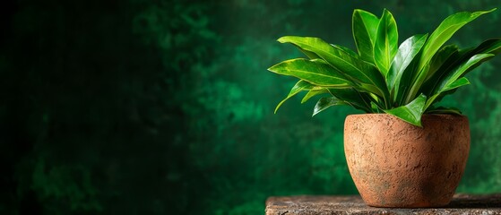 Poster -  A tight shot of a potted plant against a green and black backdrop, resting on a wooden table