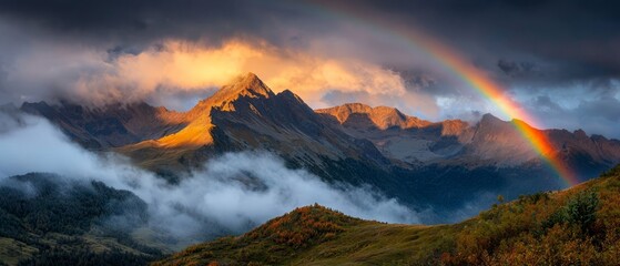 Canvas Print -  A rainbow arcs above mountain ranges, its reflection forming a mirror image in the foreground Clouds populate the backdrop