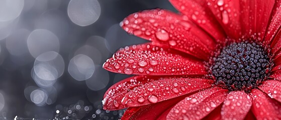 Wall Mural -  A red flower with dewdrops on its petals against a black-and-white backdrop