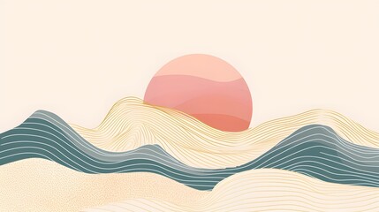 Poster - Hand-drawn minimalist lines forming macro landscapes in pastel shades AI generated illustration