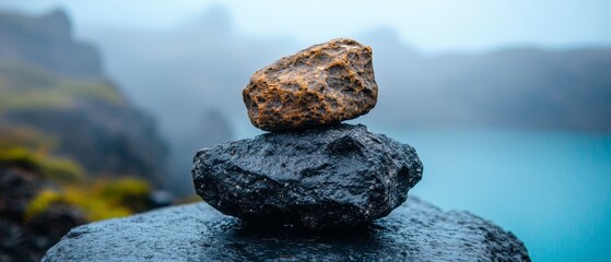 Wall Mural -  A rock atop a dark one, by a water body, mountain behind