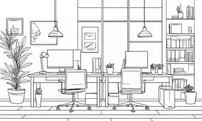 Vector black and white line art illustration of an office with two desks, chairs, computer monitors, books on the desks