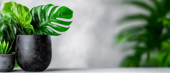 Poster -  Two potted plants atop a table, near a full planter of verdant foliage