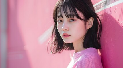 Wall Mural - Portrait of a Young Woman with Short Black Hair Against Pink Wall