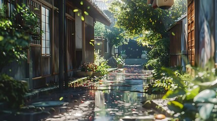 Poster - A serene pathway in a lush, green environment, showcasing traditional architecture and vibrant foliage.