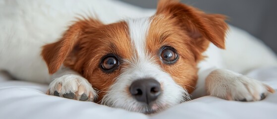 Wall Mural -  A tight shot of a dog comfortably reclining on a bed, paws gently resting on the bed's edge as he gazes into the camera