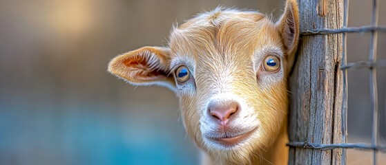 Wall Mural -  A goat's face, tightly framed, gazes out from within a fence, contrasting focus against hazy background