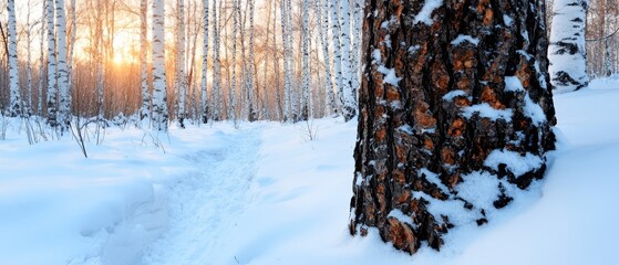 Wall Mural -  In a snowy forest, sun rays penetrate tree branches, illuminating the white ground below, where a trail meanders