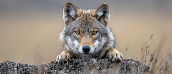   A tight shot of a wolf perched atop a boulder Grass blankets the foreground Brown sky dominates the backdrop