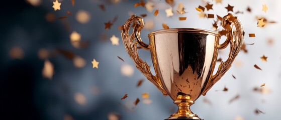 Poster -  A golden trophy atop a table, confetti cascading from its cup