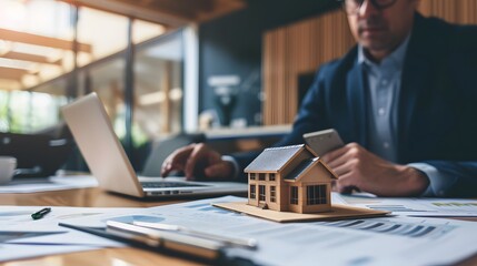 Poster - Home insurance being discussed in a property sales office with a model small building on the table AI generated illustration