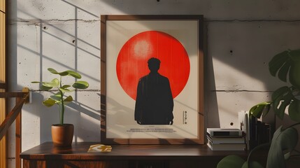 Poster - Iconic movie poster redesigned in a minimalist fashion within a wooden frame AI generated illustration