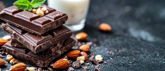 Sticker -  A black surface holds a stack of chocolate with nuts, topped with a glass of milk and a few pieces of chocolate