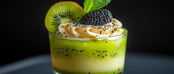 Poster -  A green smoothie with kiwi, blackberries on a black tabletop Whipped cream absent