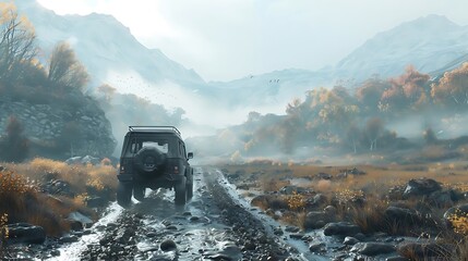 Sticker - A rugged vehicle navigating a misty mountain road surrounded by autumn foliage and rocky terrain.