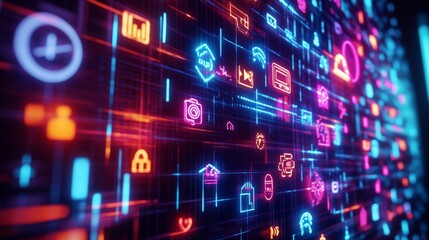 Poster - Neon Icons in a Digital Network.