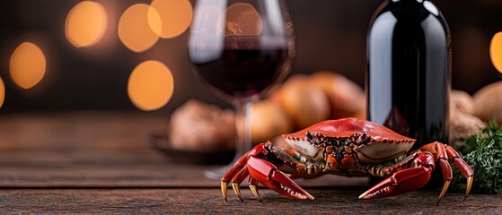 Sticker -  A bottle and glass of wine on a wooden table, accompanied by a crab against a backdrop of soft lights