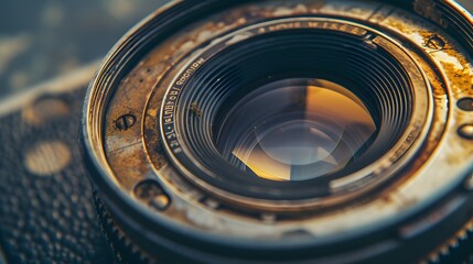 Wall Mural - Illustrate a macro shot of a vintage film camera lens focusing on the texture and details AI generated illustration