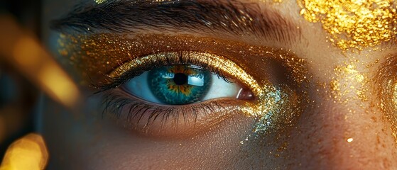 Wall Mural -  A tight shot of a woman's blue eye adorned with gold glitter on the lid and rim