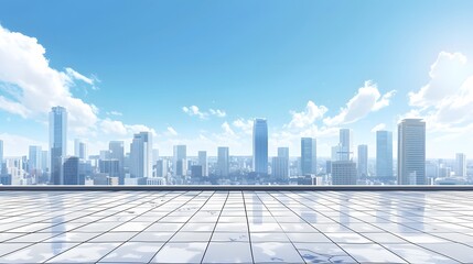 Poster - Illustration of an empty square floor against a panoramic city skyline AI generated illustration