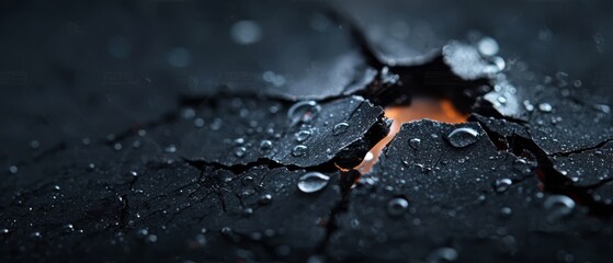 Wall Mural -  A tight shot of water droplets clinging to a black background, with an intense orange dot at their heart