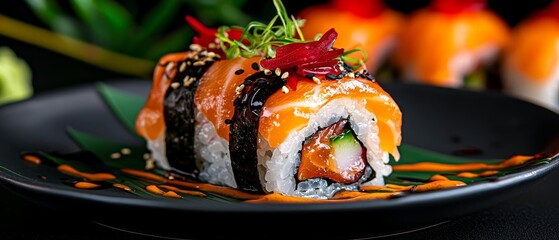 Poster -  A black plate holds a sushi dish covered in sauce It is garnished with various garnishes