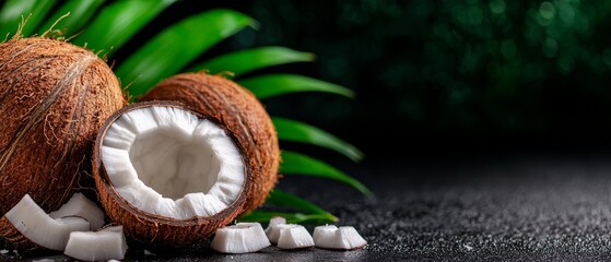 Poster -  Two coconut halves atop a table, adjacent to a mound of marshmallows