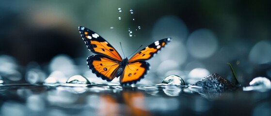  A tight shot of a butterfly perched on the ground, surrounded by water droplets Background softly blurred