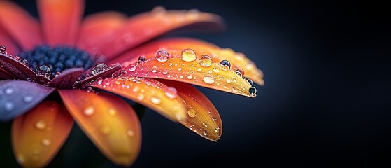 Wall Mural -  A close-up of a flower with dewdrops on its petals against a black backdrop