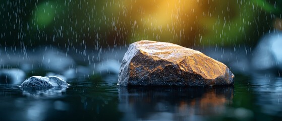  A rock submerged in water, rain falling gently, backdrop softly blurred