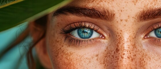 Wall Mural -  A close-up of a woman's blue eyes and freckled skin, topped with hair peppered with freckles