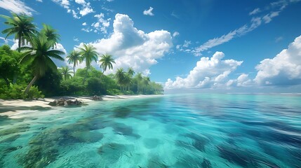 Sticker - A serene tropical beach scene with clear turquoise waters and lush palm trees under a blue sky.