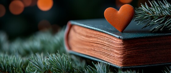 Poster -  A tight shot of a book with a heart emblem atop, and a pine tree in the near distance