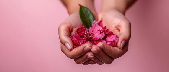 Wall Mural -  A woman gently holds a pink bloom, its green leaf protruding from the flower's heart