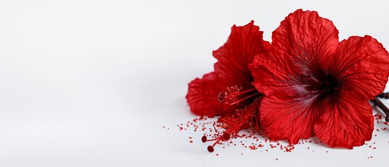  Two red flowers atop a white table, nearby a mound of red confetti