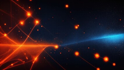 Wall Mural - Abstract dark Orange digital background with sparkling blue light particles form into lines