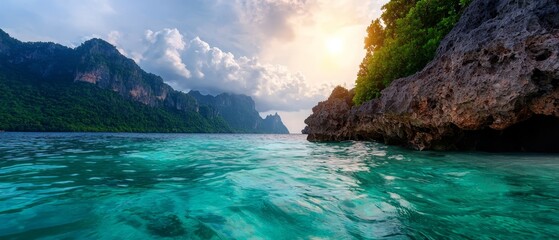 Poster -  A large body of water enclosed by mountains In its midst, a boat floats