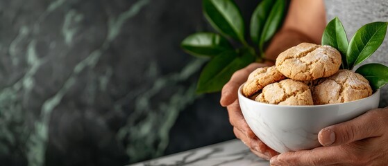 Wall Mural -  A person closely holds a white bowl brimming with cookies A verdant plant sits in its center