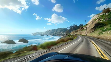 Poster - A scenic coastal drive along a winding road with ocean views and mountains under a bright sky.