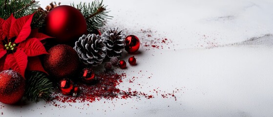 Poster -  A white table is adorned with red and silver ornaments, featuring a pinecone atop a stack of red and silver balls