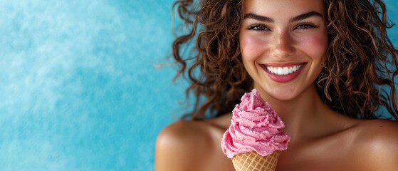  Woman smiles, holding pink ice cream cone in right hand before blue backdrop