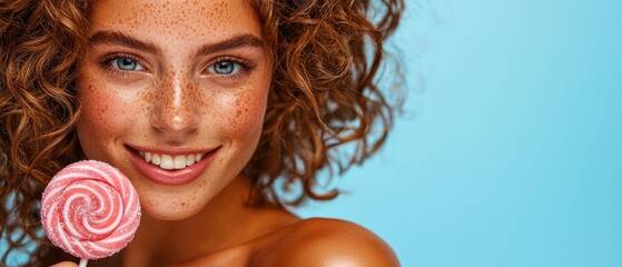 Sticker -  A woman with freckled hair holds a lollipop in her right hand, smiling at the camera