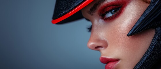 Wall Mural -  A tight shot of a woman wearing a hat, her face framed, with red eyeliner accentuating her eyes