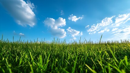 Early Morning Meadow Under Sunny Blue Sky with Peaceful Atmosphere and Open Space