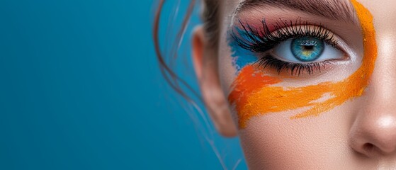 Poster -  A tight shot of a woman's face adorned with orange and blue makeup