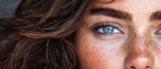 Canvas Print -  A tight shot of a woman's freckled face, her blue eyes gazing directly at the camera