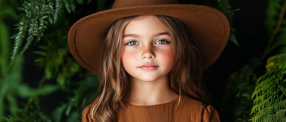 Wall Mural -  A young girl in a brown hat stands before a green bush, its leaves casting shadows on her face