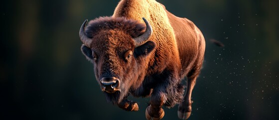 Canvas Print -  A tight shot of a bison against a dark backdrop, its head subtly blurred