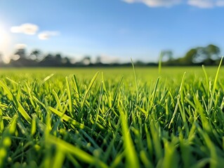 Verdant Grass Carpet in Early Morning Sunlight amid Serene Scenic Countryside Landscape