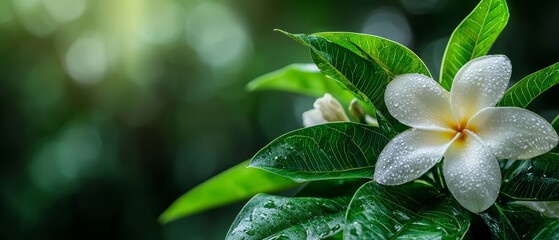 Wall Mural -  A tight shot of a white bloom on a verdant leafy plant, adorned with water droplets on its petals